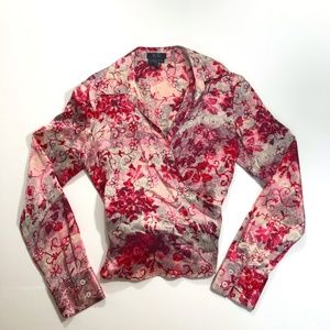 BCBGMAXAZRIA 100% Silk Pink Patterned Wrap Blouse Tie Back